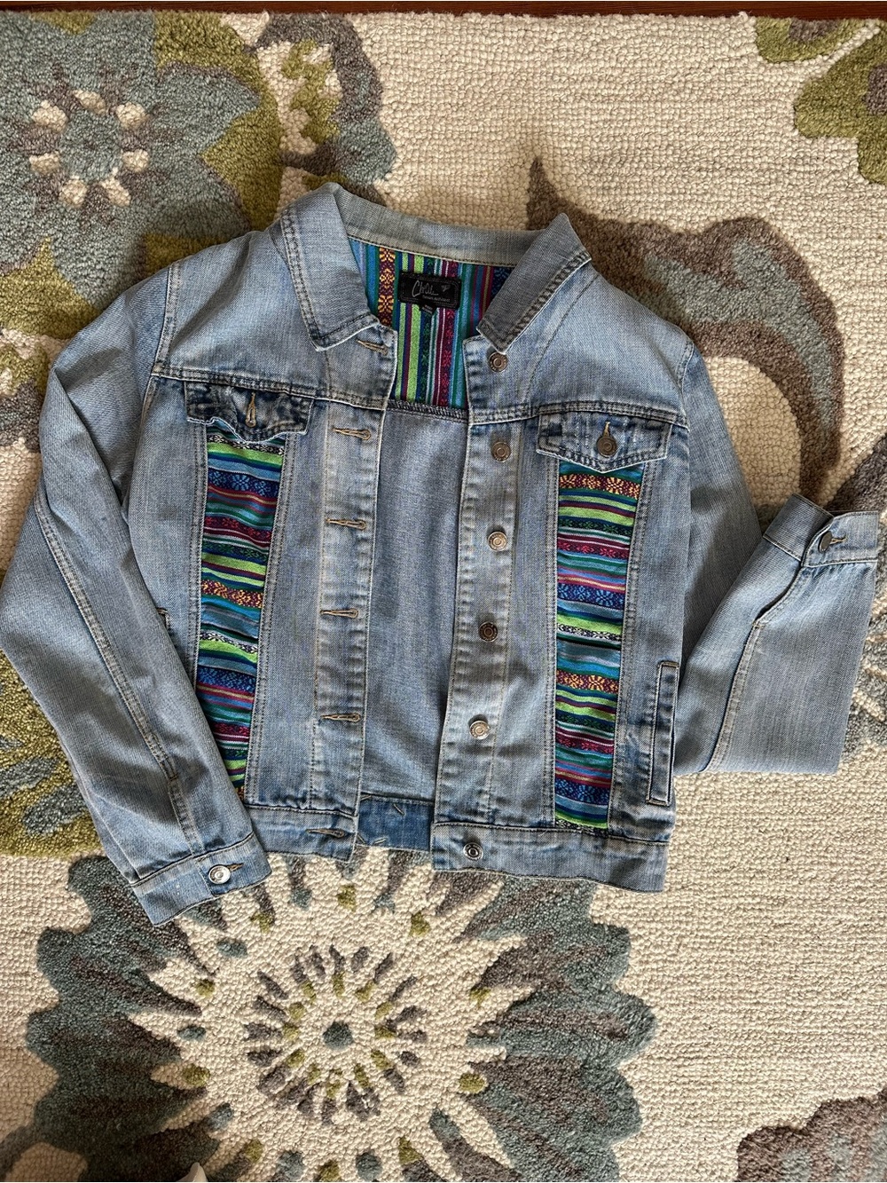 Light Wash Denim Jacket with Multicolor Stripe Fabric Panels